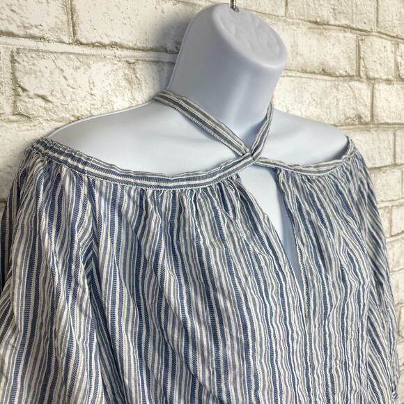 Rebecca Taylor Blouse Off Shoulder Cotton Strappy Stripe Blue White 8 Medium - Picture 8 of 8